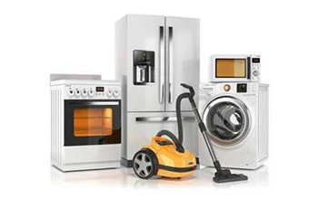 Illustration of home appliances — refrigerator, cooker, washing machine, microwave and vacuum cleaner
