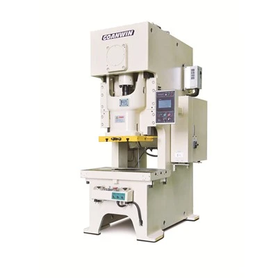 A light-coloured Goanwin C-frame single crank press with stroke indicator dial and control cabinet, product photo on white background