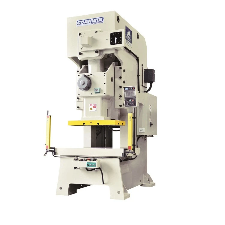 A light-coloured C-frame press with the die area open at the front and the flywheel housing on top, product photo on white background