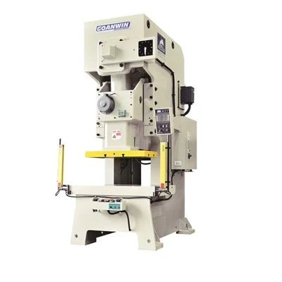 A light-coloured Goanwin C-frame mechanical press with control panel and yellow die-area guard, product photo on white background