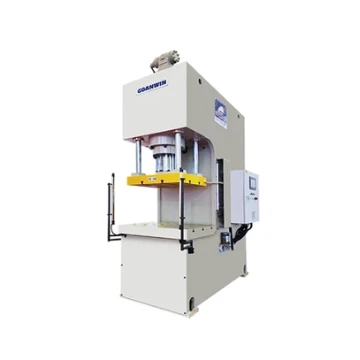 A light grey C-frame hydraulic press with the cylinder mounted above the open working area